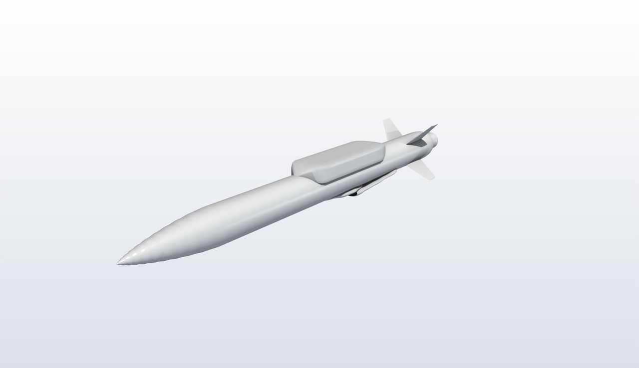 Missile de croisière SANGOMAR en configuration de transport, voilure repliée