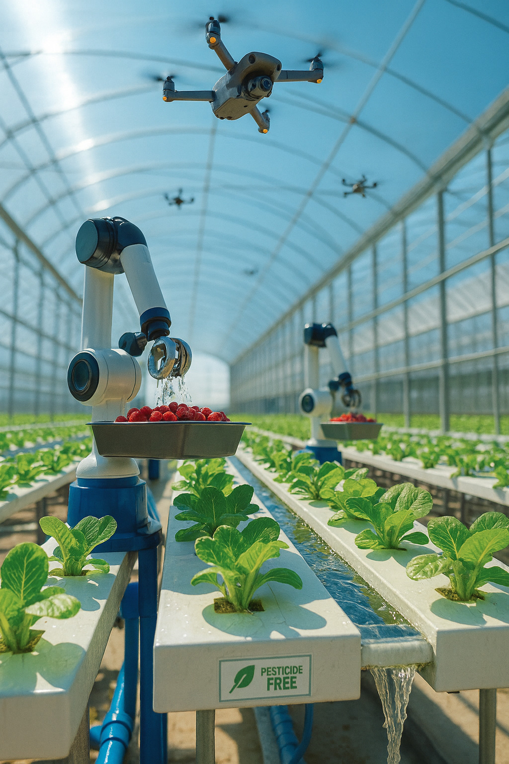 Hydroponic greenhouse interior with climate control and trellised crops