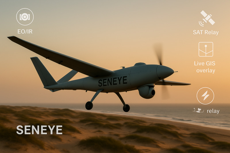 Fixed-wing ISR drone in flight over semi-arid terrain