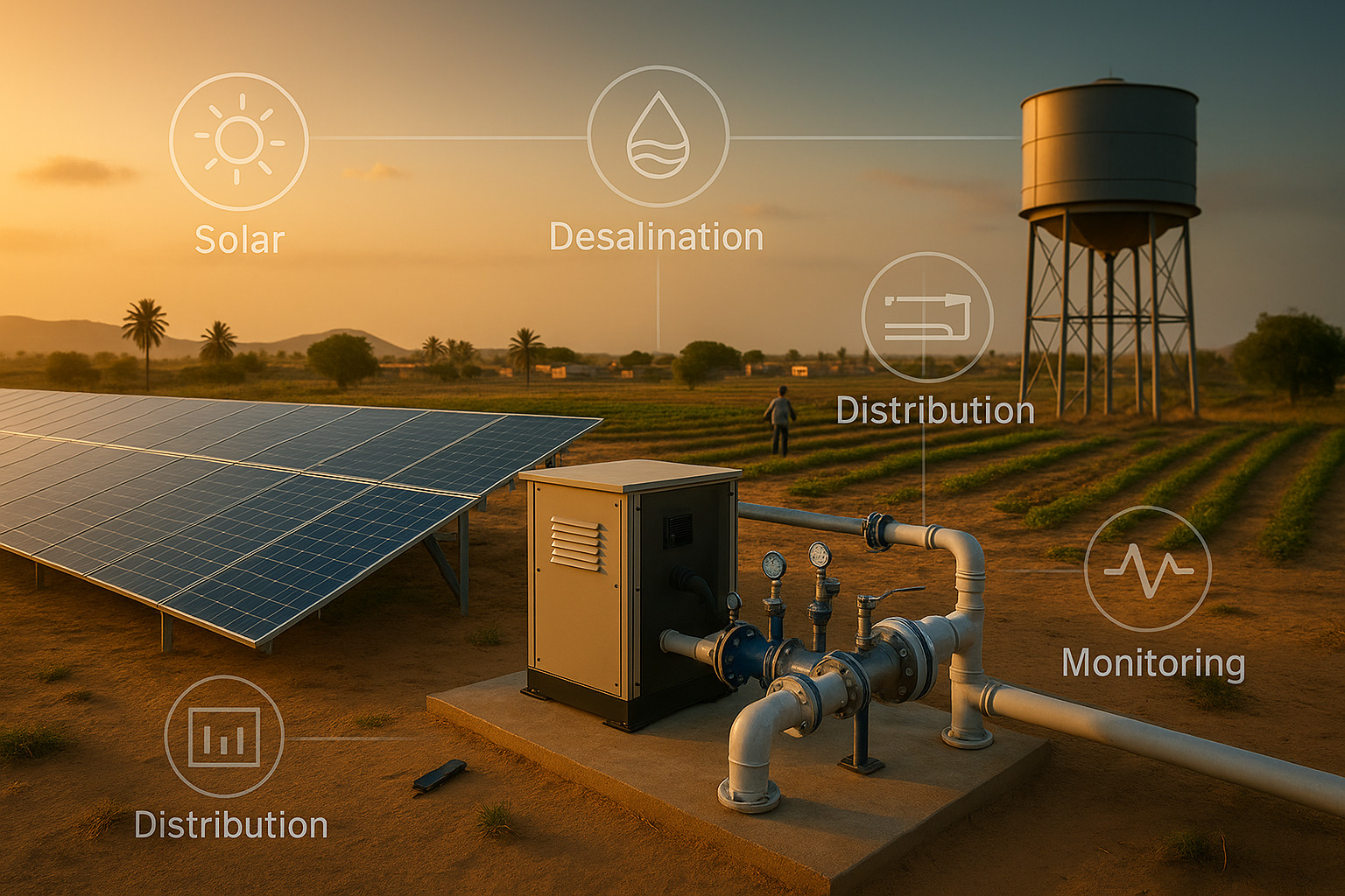 Solar irrigation pump feeding storage tank and drip network